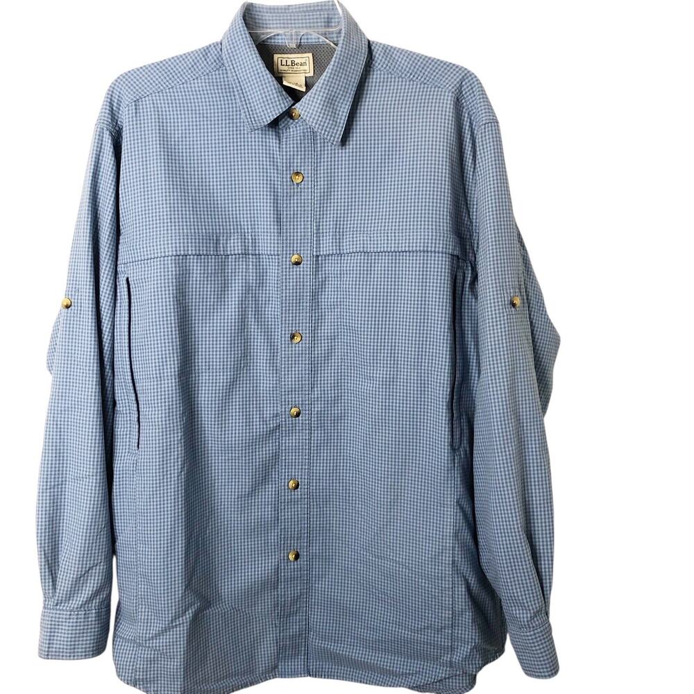 L.L. Bean Men's Vented Long Sleeve Blue Check Button-Up Outdoor Shirt Medium